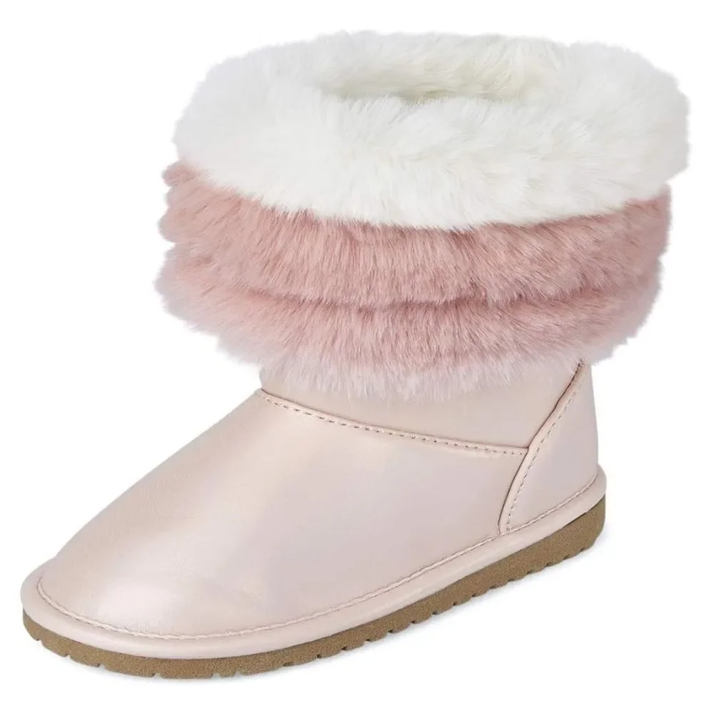 Toddler Girls Pearlized Shiny Pink & White Colorblock Faux Fur Boots Size 10